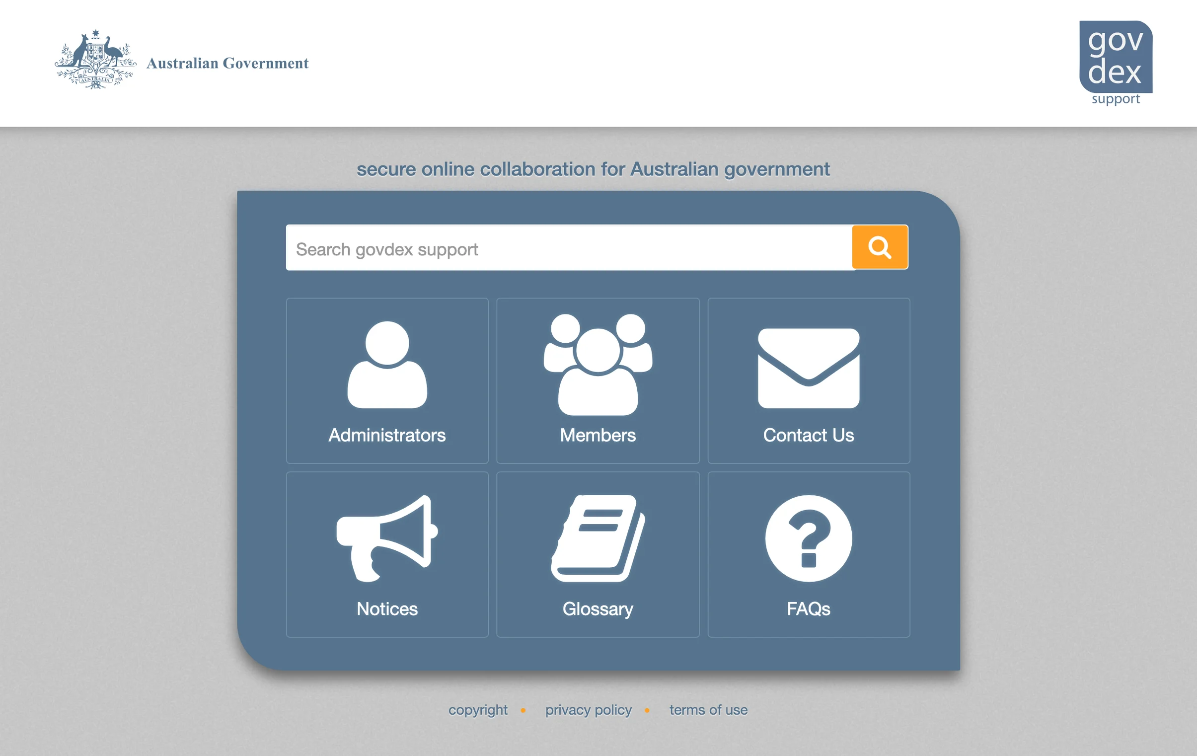 Govdex support homepage screenshot
